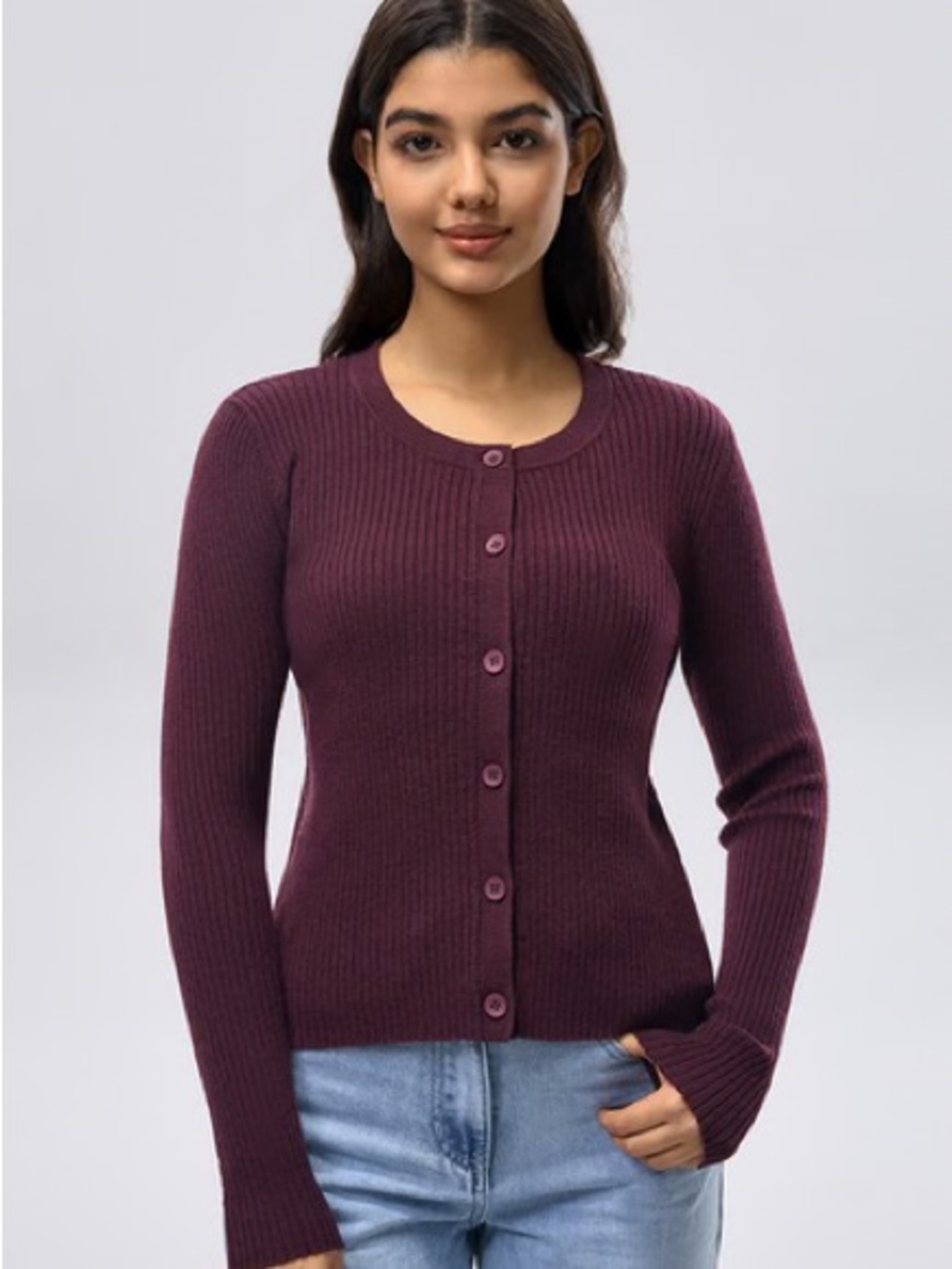 Women’s Ribbed Button-Front Sweater Cardigan — Plum